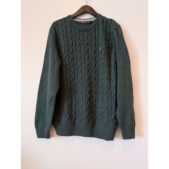 Vtg.  Nautica crewneck cable-knit dark green long sleeve sweater  Sz L - Picture 7 of 8